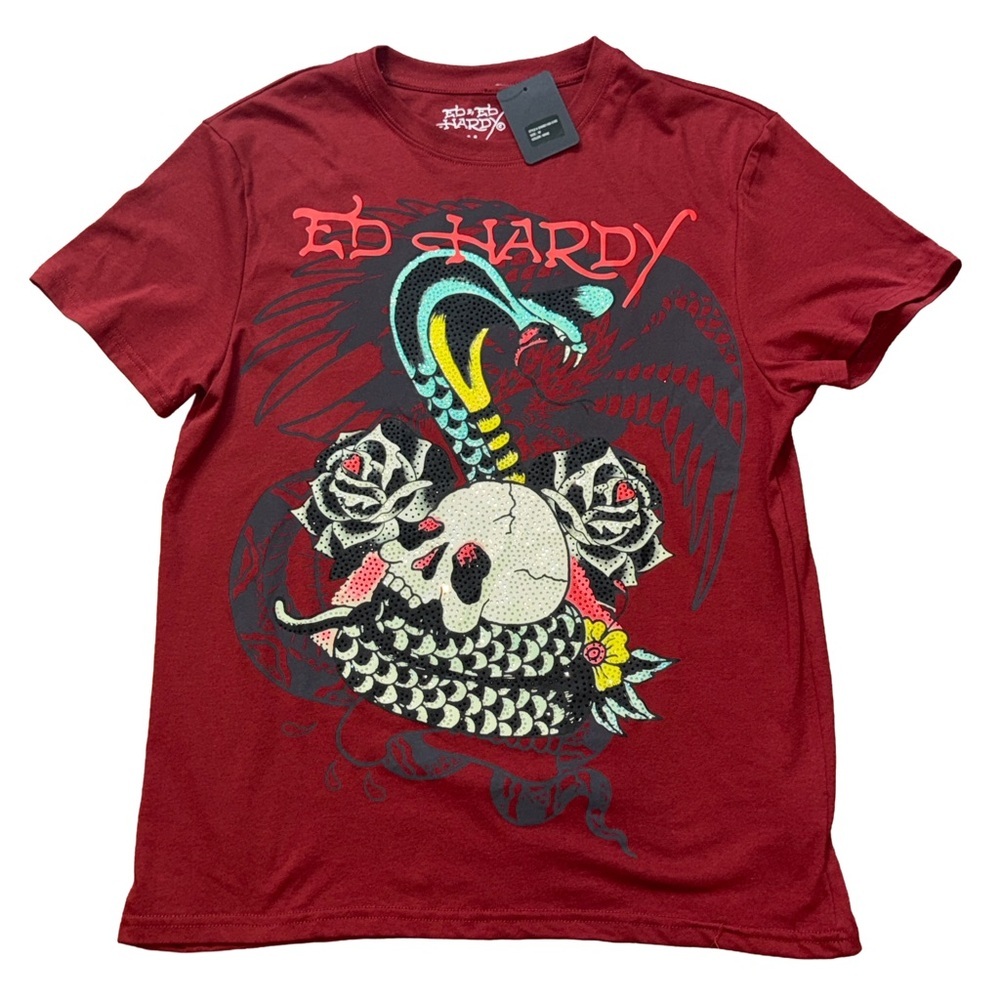 Ed Hardy Red Short-Sleeve Tee with Skull, Snake & Rose Graphic